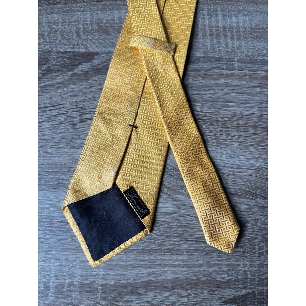 Vintage Faconnable 100% Silk Tie Yellow Geometric Basket Weave France Handmade